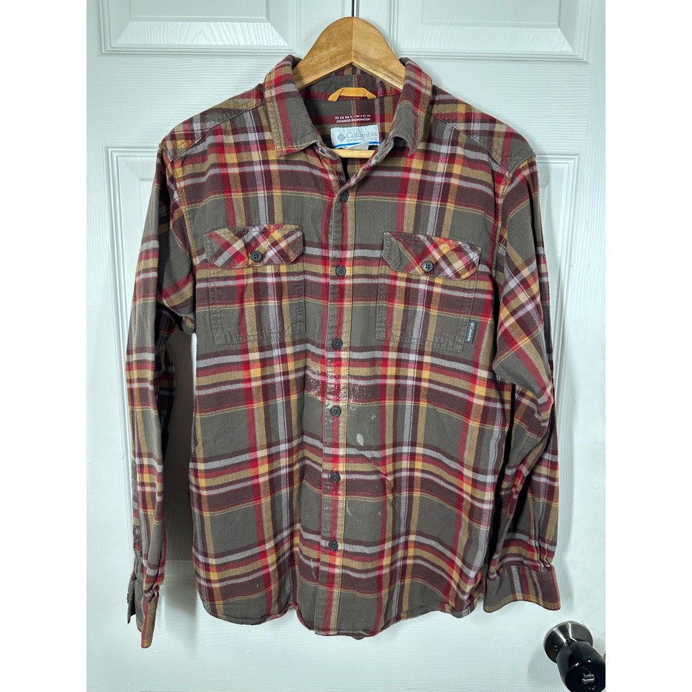 Columbia Button Down Mens M Brown Omni-Wick Plaid Flannel Outdoor Shirt 7275
